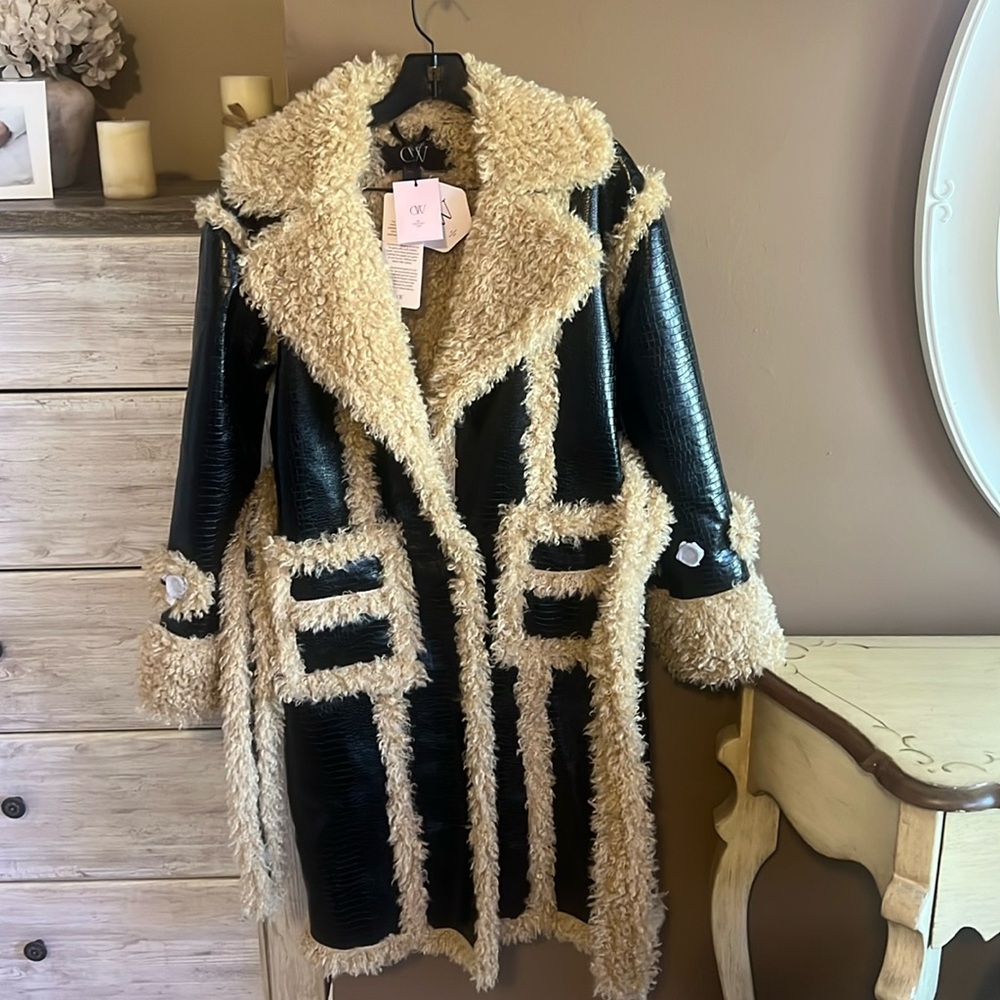 Black and Cream Leather Jacket with Faux Fur